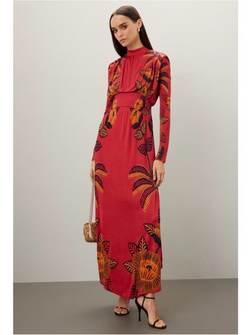 FARM Rio Red Maxi Dress with Orange Floral Print